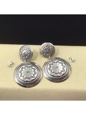 Sterling Silver Round Earrings Stamped Design Dangle 1 5/8” 10.6g